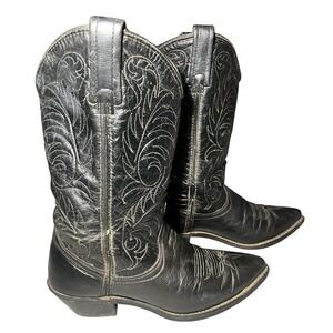 Vintage Acme? Womens Black Leather Western Cowboy Boots Swirl Stitch Size 6